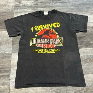 Vintage 90s Universal Studios I Survived Jurassic Park Black Women M T-Shirt USA